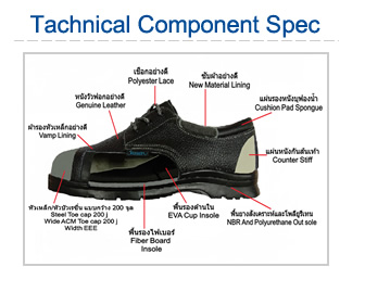 Technical Component Spec : Polyester Lace, New Material Lining, Cushion Pad Spongue, Counter Stiff, NBR ANd Polyurethane Out Sole, EVA Cup Insole, Fiber Board Insole, Steel Toe cap 200 j Width EEE, Vamp Lining, Genuine Leather